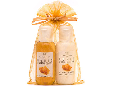 Geschenkset: Honig Duschbad & Shampoo und Bodylotion im Organzabeutel